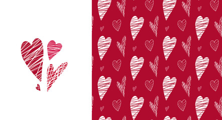 Fototapeta premium Set of love Valentines Day holiday card and seamless pattern of white silhouette hearts with hatching on pink background. Vector scribble festive wallpaper and vertical simple card. Gentle fabric