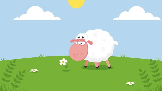 Cute White Sheep Cartoon Character Eating A Flower. 4K Animation Video Motion Graphics With Landscape Background
