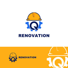 construction and engineering logo concept with initial letter Q, gear and helmet