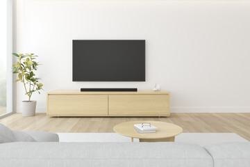 3D rendering of modern living room with sofa and hanging television screen on white wall.