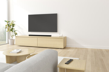 Fototapeta na wymiar 3D rendering of modern living room with sofa and hanging television screen on white wall.