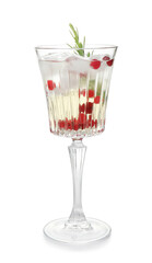 Glass of champagne cocktail with cranberry and rosemary on white background