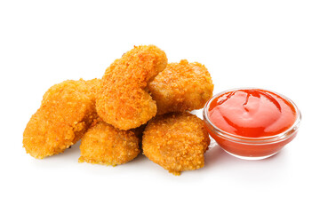 Tasty nuggets with ketchup on white background