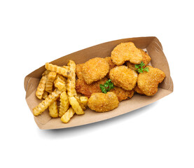 Tasty nuggets and french fries in paper box on white background