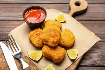 Tasty nuggets with ketchup on wooden background