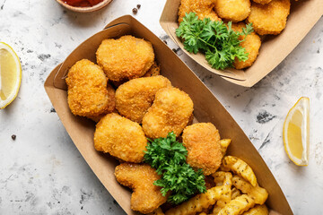 Tasty nuggets and french fries in paper box on light background