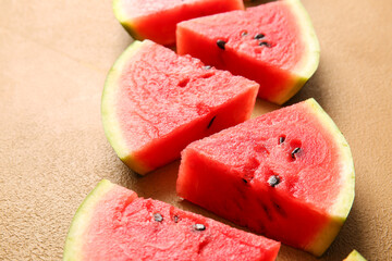 Slices of ripe watermelon on table, closeup