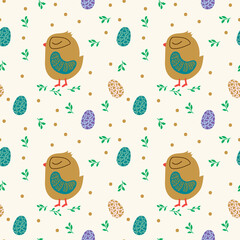 Cute bird with eggs background. Cute Easter chicken poster. Colored beautiful eggs. Spring illustration of a chick in a circle of foliage. Beautiful children's pattern. Vector illustration
