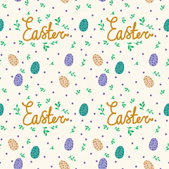 Background with eggs and lettering Easter. Easter poster of a bird's egg. Colored beautiful eggs. Spring illustration Easter, eggs, bird, chicken, foliage. Beautiful baby texture. Vector illustration