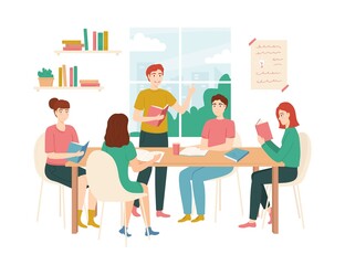 Cartoon Color Characters People Students Sitting Together at Table with Books Concept. Vector
