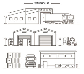 Warehouse Building Sign Contour Linear Icon Set. Vector