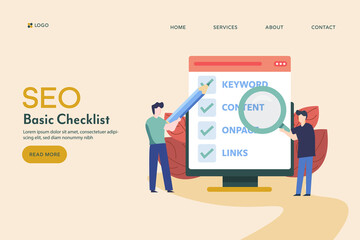 Businessmen with seo checklist concept. Checking business task and do list for seo optimization, office team work. Vector illustration landing page.