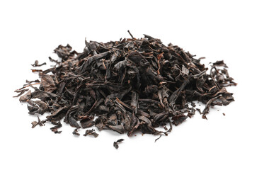 Heap of dry black tea leaves on white background