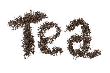 Word TEA made of dry leaves on white background