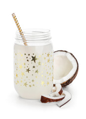 Mason jar of fresh coconut water on white background