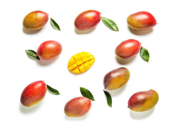 Composition with sweet ripe mangoes on white background