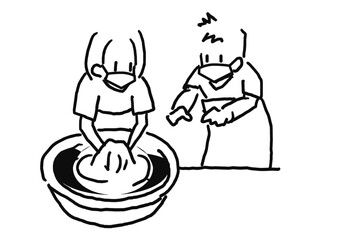 奄美大島紬の体験イラスト　染色体験する女性