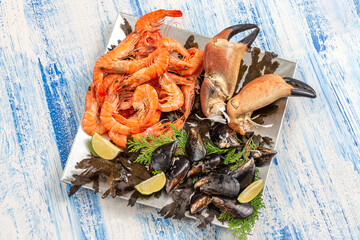 Plate of shellfish, seafood and mussels