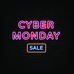 Cyber monday sale neon signs vector. Design template neon sign