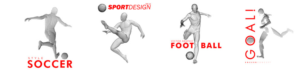 A set of fotball, soccer players drawing by lines with text