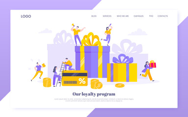 Earn loyalty program points and get online reward and gifts. Get loyalty card and customer service business concept flat design vector illustration. Tiny people with big card and money.