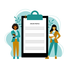 Online profile flat vector illustration. Social media users, app developers cartoon characters. Online communication platform, mobile application development. Personal page design concept

