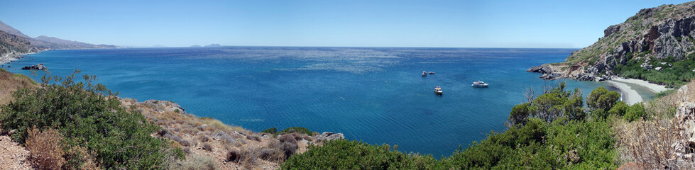 panoramic view from the mountain to the beautiful blue sea in Greece