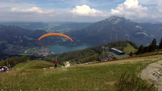 Paraglider at the start in the Salzburger Land, Altausse Austria at 05.09.2020, mountain, active holiday, paragliding