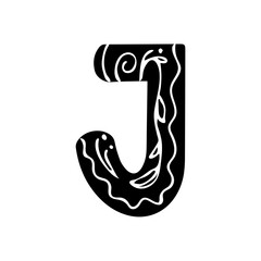 Monochrome letter J isolated on white background with floral pattern, vector hand drawn illustration for logo, postcard design, posters, banners, etc