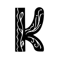 Monochrome letter K isolated on white background with floral pattern, vector hand drawn illustration for logo, postcard design, posters, banners, etc