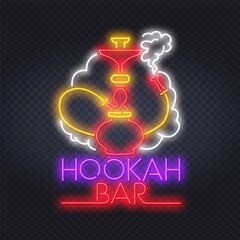 Hookah lounge, smoke shop in neon sign. Hookah with smoking hose on brick wall background. Vector illustration in neon style for oriental restaurant and club