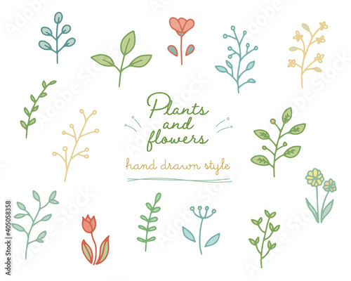 Fototapete 手描きの植物のイラストのセット 葉 花 シンプル 素材 おしゃれ 葉っぱ Yugoro