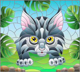 Illustration in stained glass style with baby lynx on the hunt, animal on the background of tropical leaves