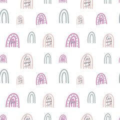 Valentines seamless pattern with love, amor and pastel rainbows.