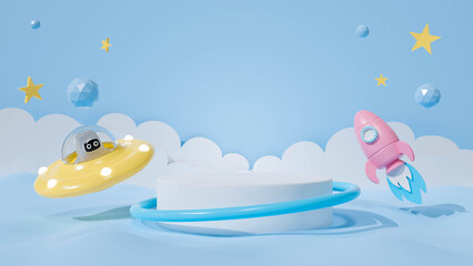 3d render of podium on pastel background. Cartoon astronaut kid in space ship and ufo.