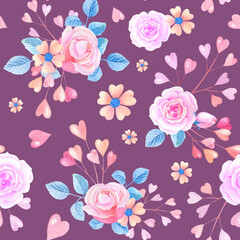 Pink watercolor roses, hearts on lilac background.Seamless pattern with abstract flowers.