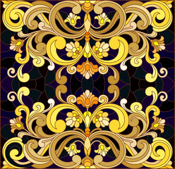 Illustration in stained glass style with floral ornament ,imitation gold on dark background with swirls and floral motif, square image