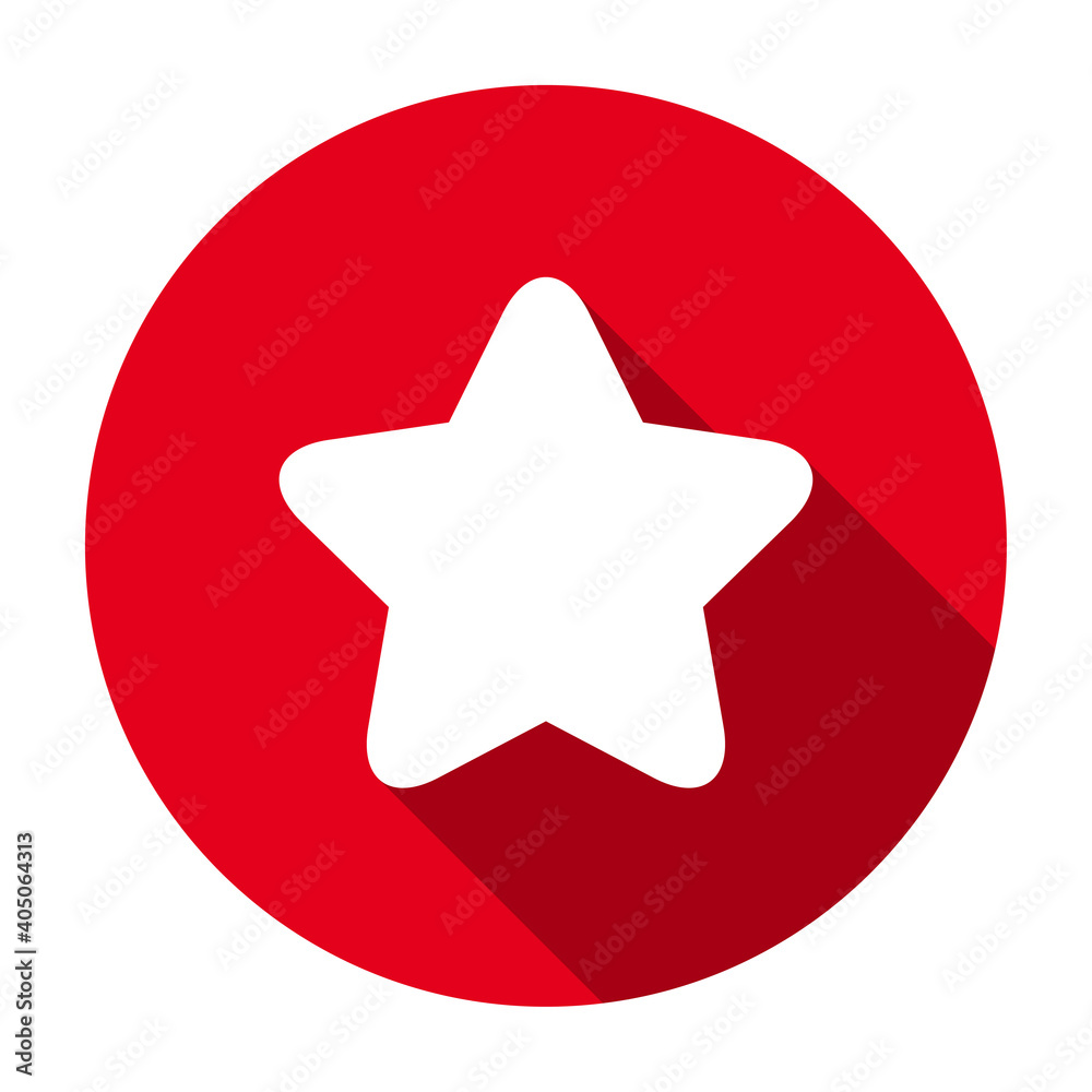 Poster red flat round star icon, button with long shadow isolated on a white background. vector illustratio