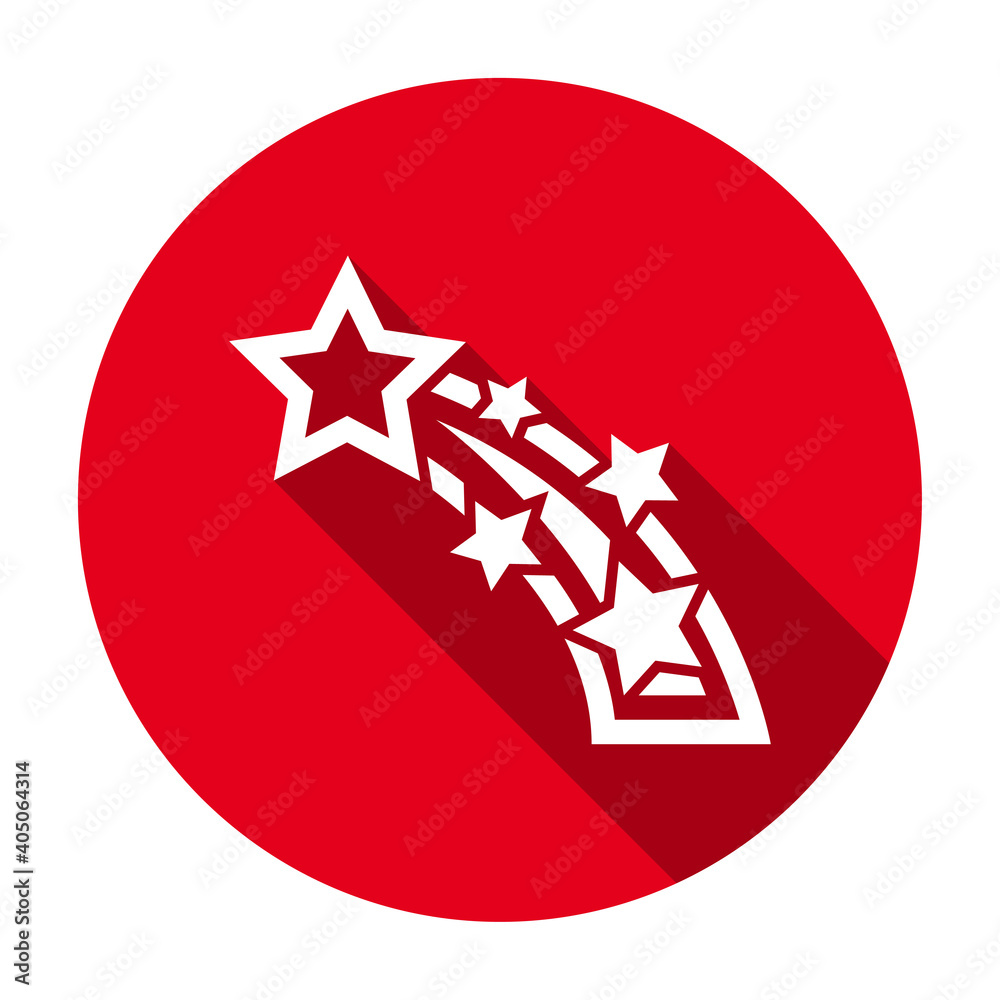 Poster red flat round shooting star icon, button with long shadow isolated on a white background. vector il