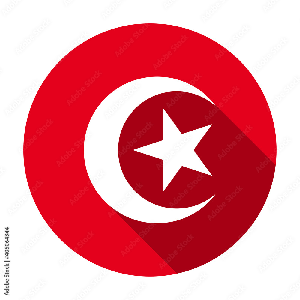 Poster red flat round national emblem of tunisia icon, button with long shadow isolated on a white backgrou