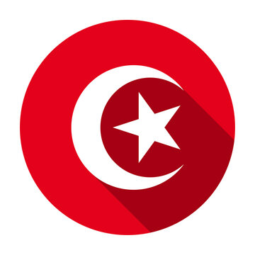 Red flat round national emblem of Tunisia icon, button with long shadow isolated on a white background. Vector illustration.