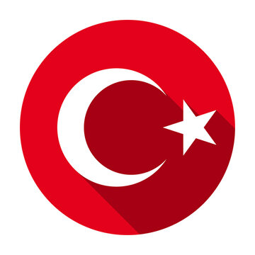 Red flat round national emblem of the Republic of Turkey icon, button with long shadow isolated on a white background. Vector illustration.