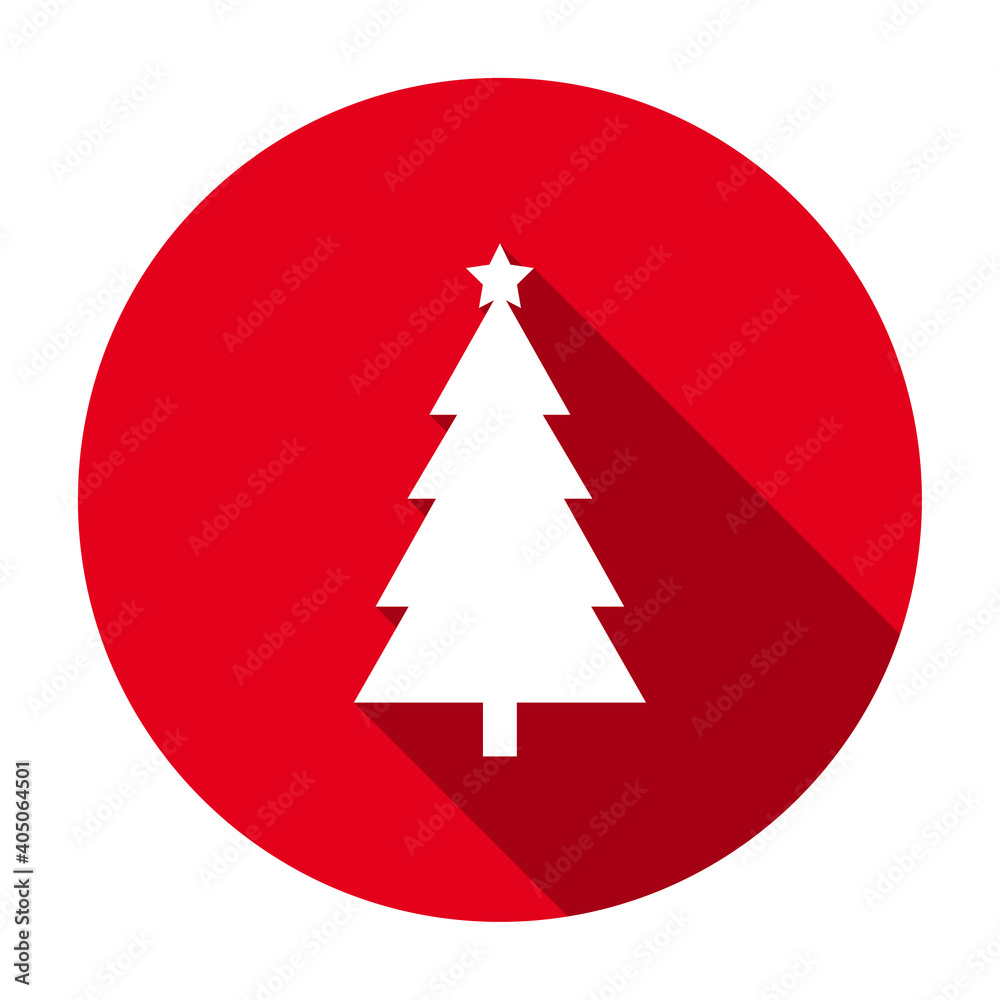 Poster red flat round christmas tree icon, button with long shadow isolated on a white background. vector i