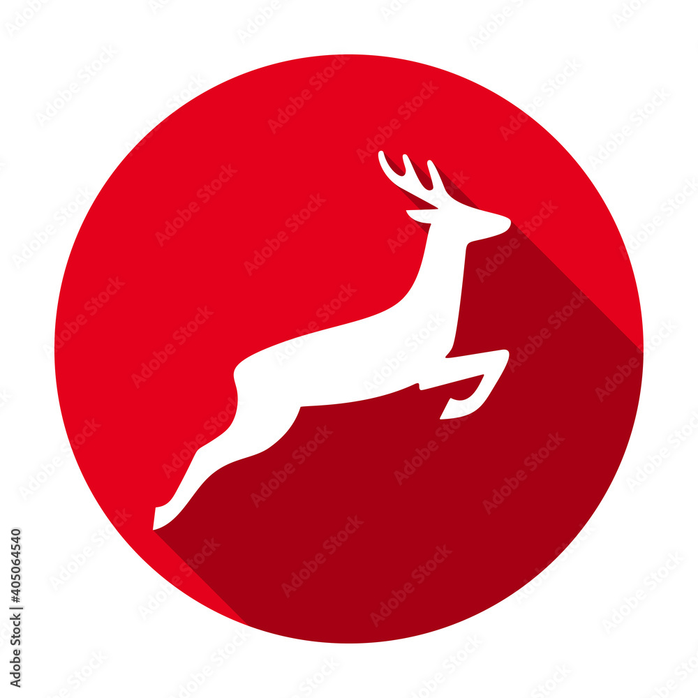 Poster red flat round deer icon, button with long shadow isolated on a white background. vector illustratio