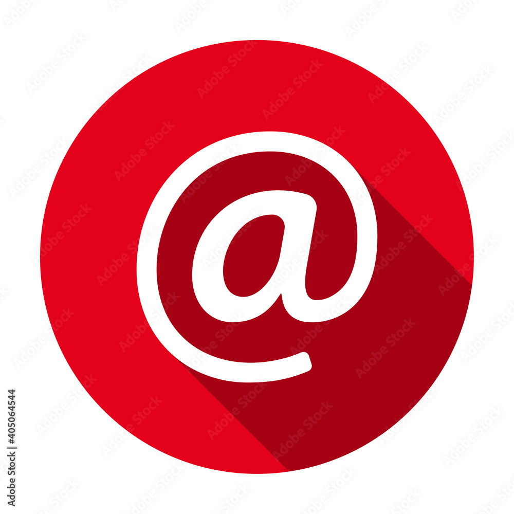 Poster red flat round email icon, button with long shadow isolated on a white background. vector illustrati