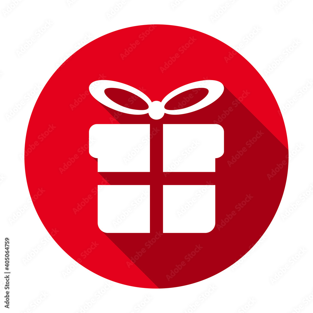Poster red flat round gift box with tied bow icon, button with long shadow isolated on a white background. 