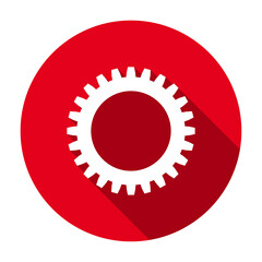 Red flat round gear wheel icon, button with long shadow isolated on a white background. Vector illustration.