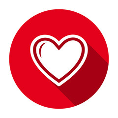 Red flat round heart with outline icon, button with long shadow isolated on a white background. Vector illustration.