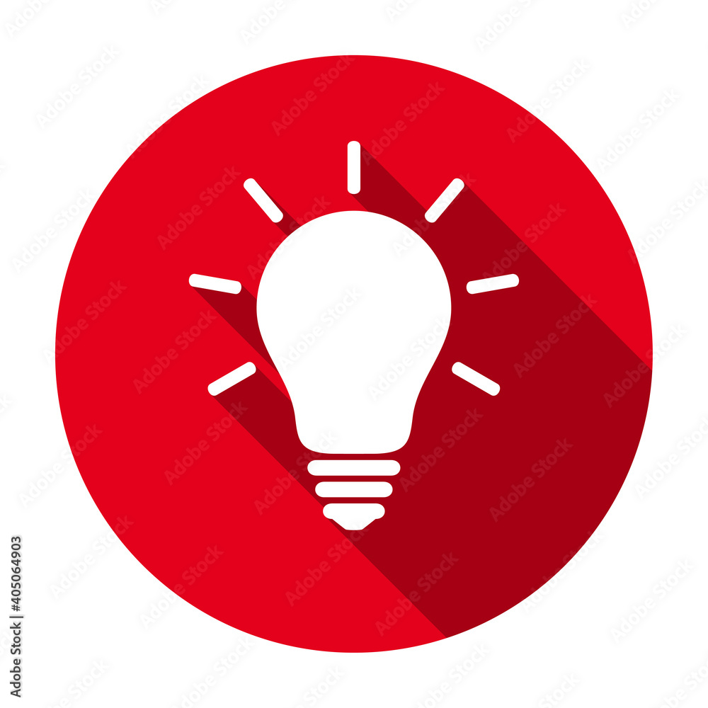 Poster red flat round glowing light bulb icon, button with long shadow isolated on a white background. vect
