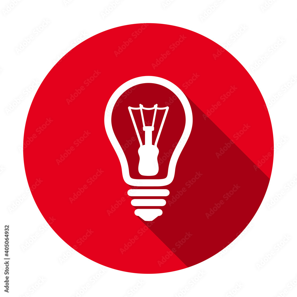 Poster red flat round light bulb line icon, button with long shadow isolated on a white background. vector 